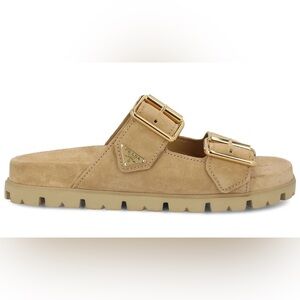 Prada Beige Suede Slides with Gold Accents